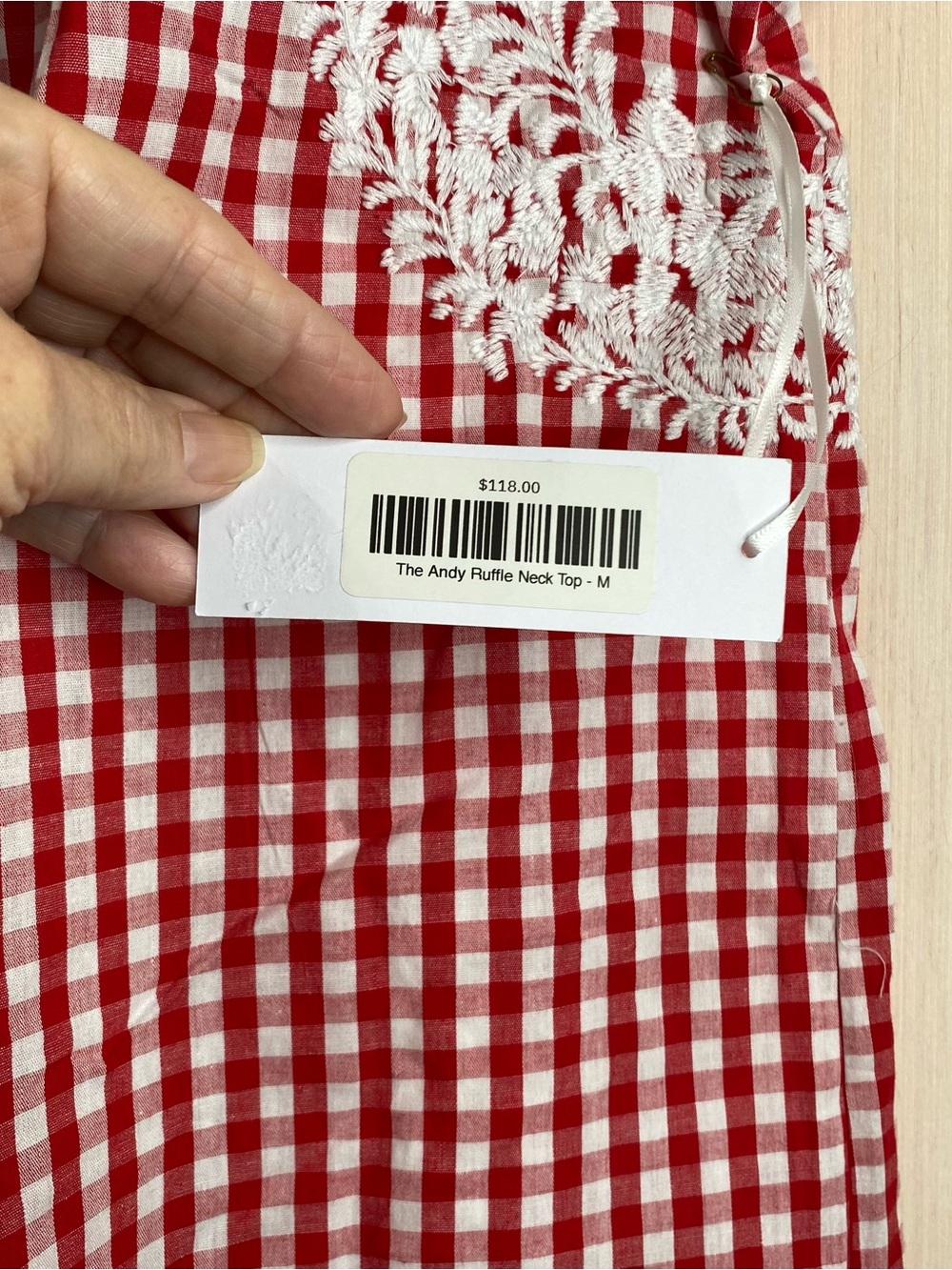 J.Marie Women’s The Andy Ruffle Neck Top Red Gingham Embroidered Lined Medium - Picture 5 of 7